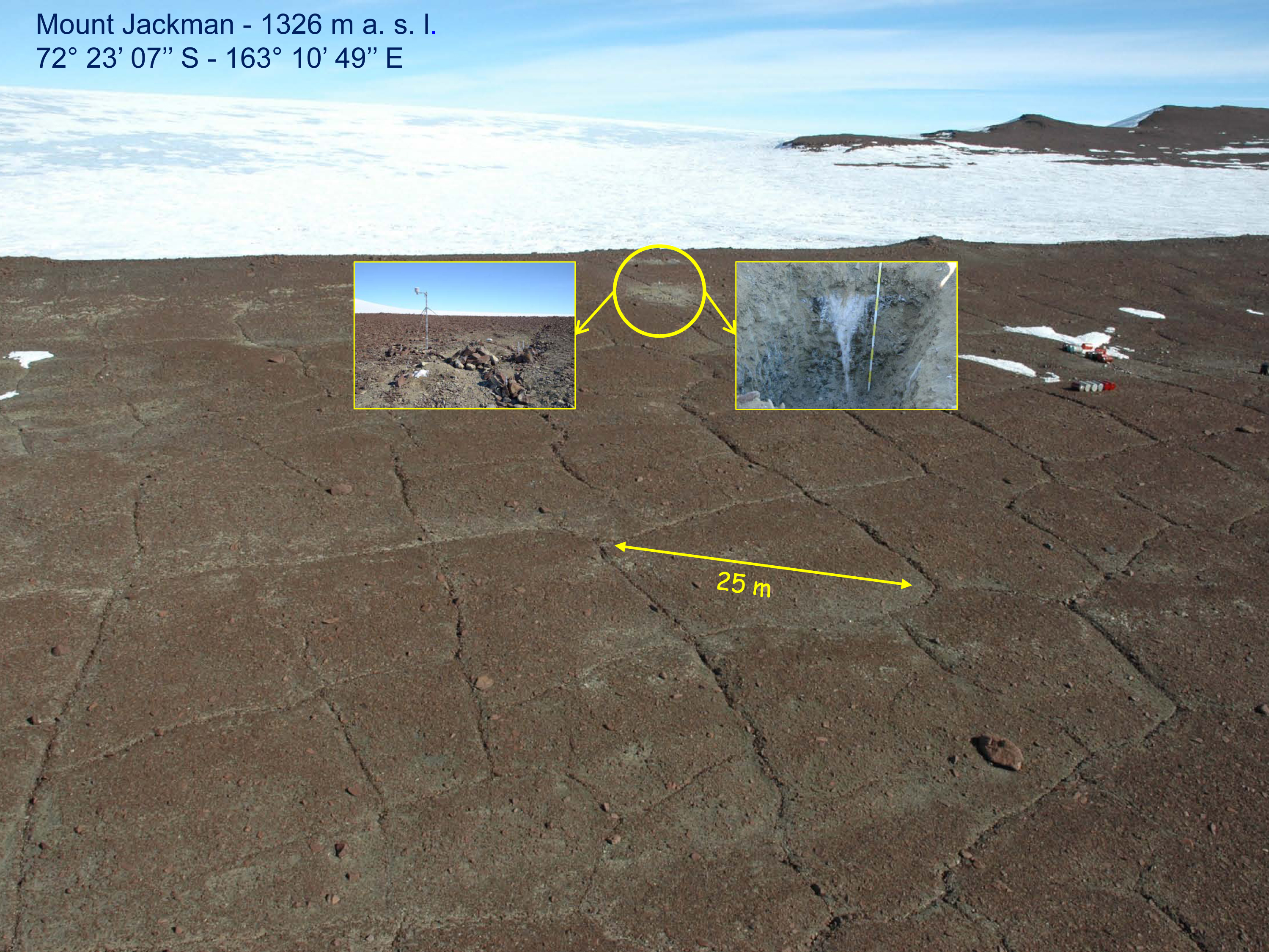 The ice-wedge polygon site of Mount Jackman is located in the upper sector of the Rennick Glacier in Northern Victoria Land, East Antarctica. Numerous sections were excavated across polygon troughs to a depth of about 1.5 m for sampling ice-wedge ice. In 2006, five sensors recording hourly temperatures of air and ice wedge at different depths were set up.