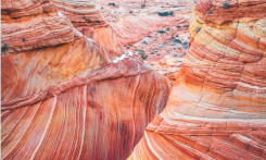 Stratificazione incrociata in arenarie di ambiente eolico e di età Giurassico inferiore che appartengono alla formazione delle Navajo Sandstone (Colorado Plateau, Stati Uniti sud-occidentali).