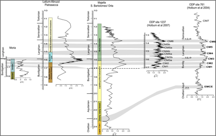 Comparison of the Miocene carbon isotope composition of shallow water sections (Latium-Abruzzi and Apula CarbonatePlatforms) and basinal sections (Umbria-Marche) plotted against stratigraphic depth and evidencing the Monterey isotope excursion