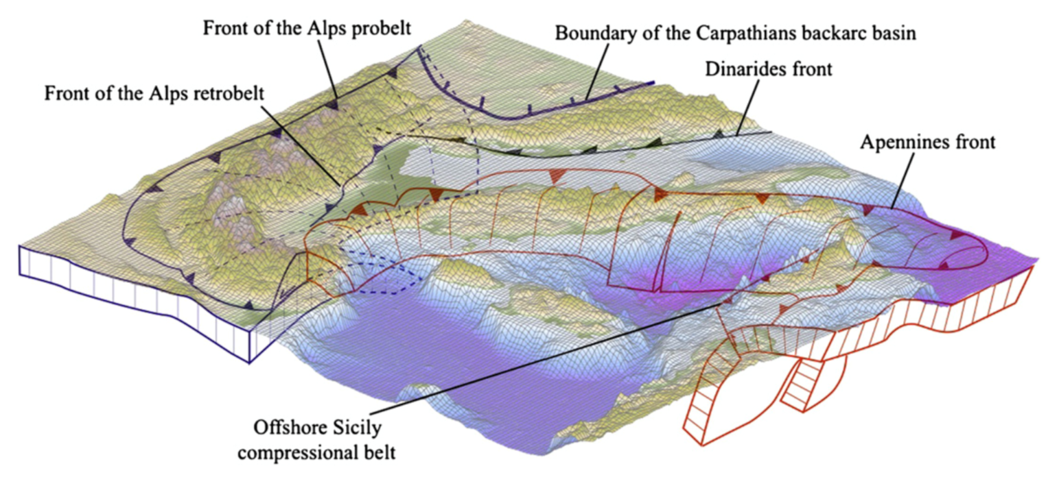 Main tectonic structures in the Mediterranean area (from Carminati et al., 2012)