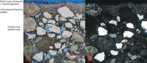 Assessment of the state of conservation of historical buildings through transmitted polarised light microscopy. Optical micrographs obtained on a polished cross-section of a plaster base. a: Plane polarised light and b: cross-polarised light