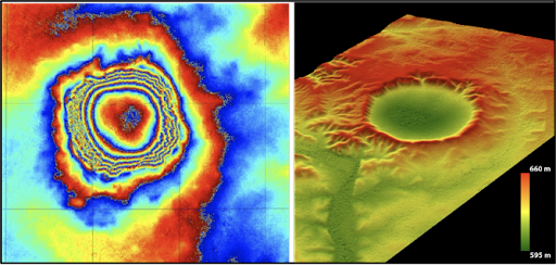 Elaborazione di dati radar satellitari (sinistra) e restituzione del modello digitale di elevazione (destra) del cratere di Talemzane (Algeria)