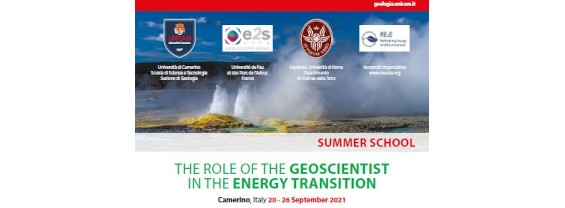 Locandina della Summer School "THE ROLE OF THE GEOSCIENTIST IN THE ENERGY TRANSITION" - 20 - 26 September 2021 - Camerino University, Italy