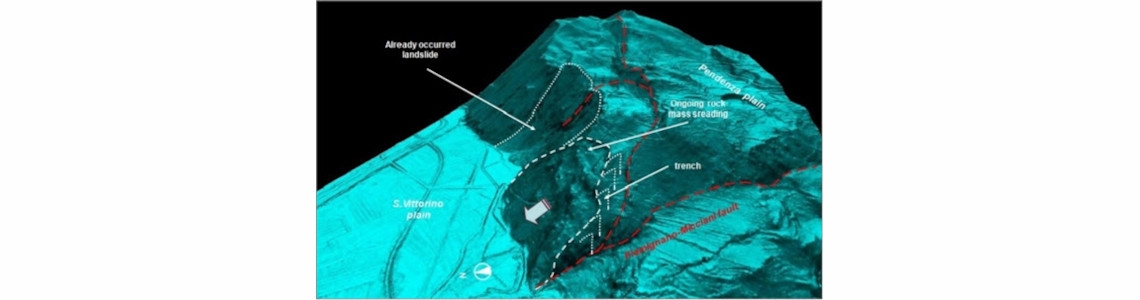 Modello digitale del terreno con riportate le principali evidenze morfologiche del grande dissesto gravitativo che coinvolge il versante che ospita le sorgenti del Peschiera